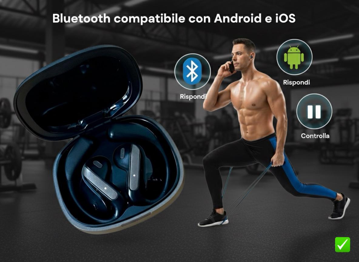 Cuffie Sportivi Premium - Bluetooth -Gancio Sicuro Anti-Caduta | Batteria Tutto il Giorno