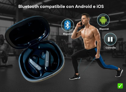 Cuffie Sportivi Premium - Bluetooth -Gancio Sicuro Anti-Caduta | Batteria Tutto il Giorno