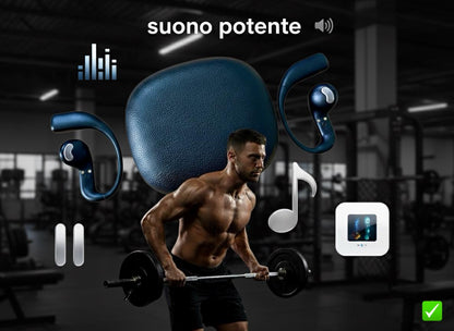 Cuffie Sportivi Premium - Bluetooth -Gancio Sicuro Anti-Caduta | Batteria Tutto il Giorno